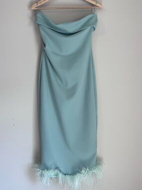 Aritzia Babaton Strapless Midi Dress Feather Trim Sz Medium Formal Statement